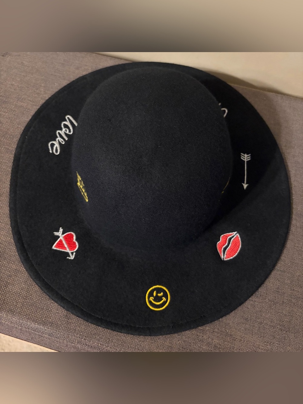Black Embroidered Felt Hat with Patches